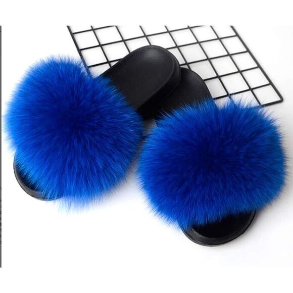 Valpeak  Slippers Slides Women Open Toe Fuzzy Girls Fluffy ,Women, Blue,  8-9 - Picture 3 of 6